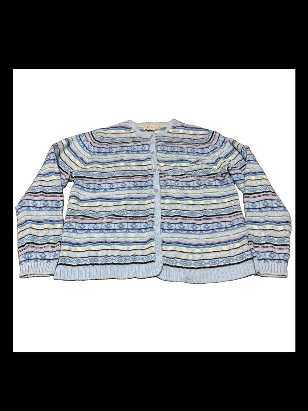 Vintage Blue Stripe Holiday Winter Button Up Thick Cotton Blend Knit Cardigan XL
